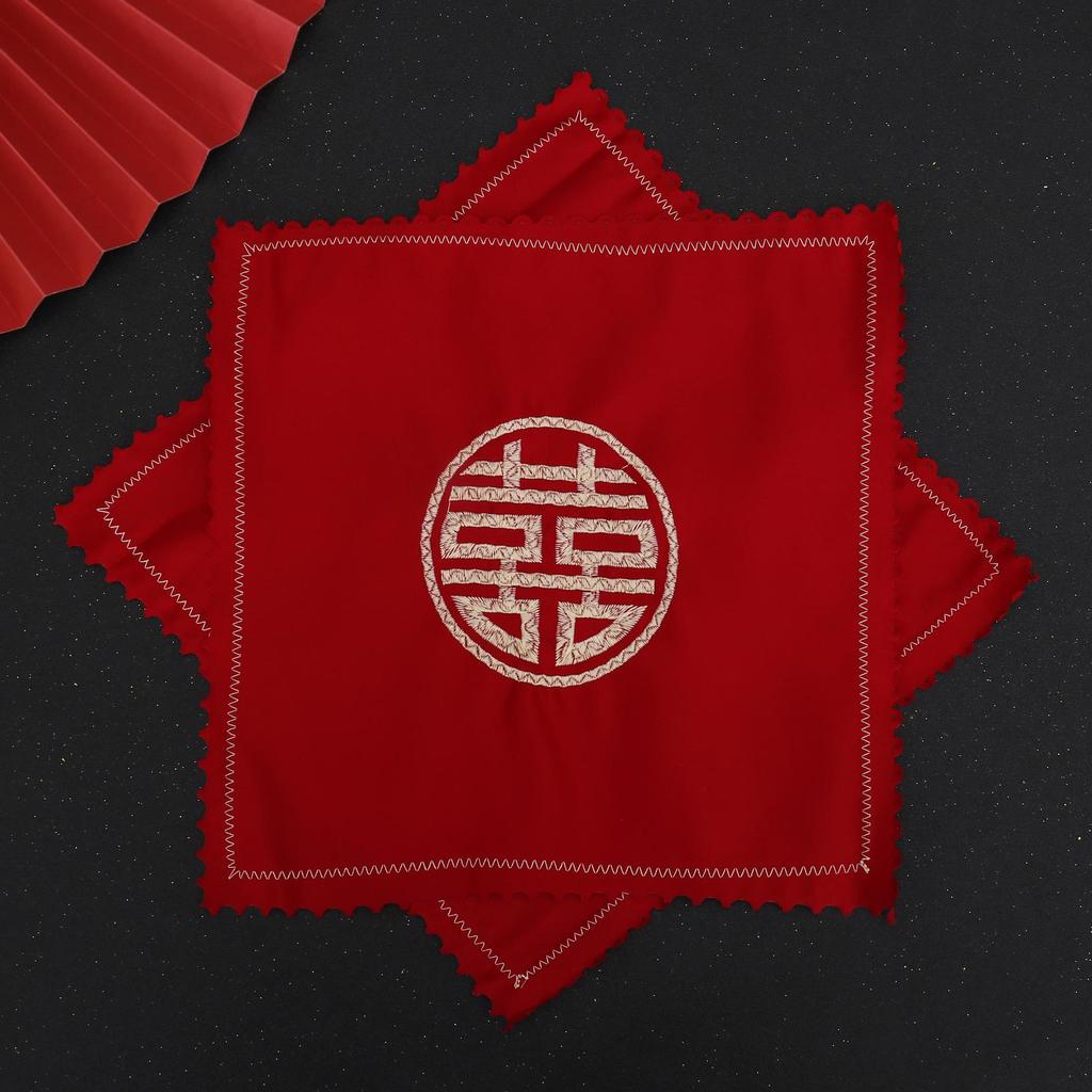 Red Wedding Handkerchief with Dragon, Phoenix, and Double Happiness Design
