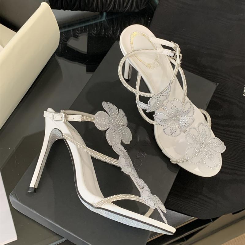 Fashion Luxury Rhinestones Lace Flowers Decor Women Gladiator Sandals Fashion Narrow band Ankle Strap High heels Summer Party Prom Shoes