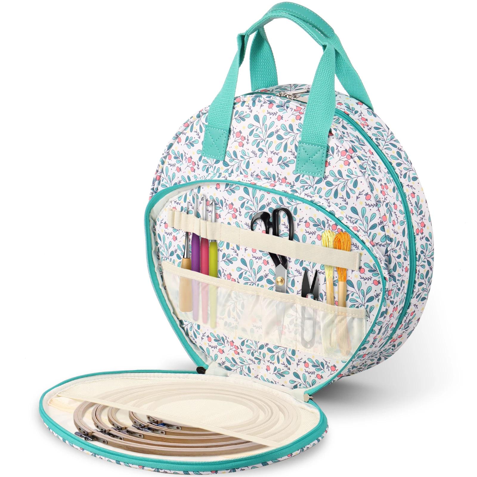 Embroidery Organizer Round Embroidered Circle Bag with Multiple Pockets and Handle Crochet Needle Bag for Sewing Accessory Gift