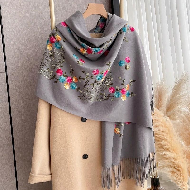 Women Winter Warm Faux Cashmere Scarf Long Winter Embroidered Floral Pattern Cold-Proof Shawls And Wraps