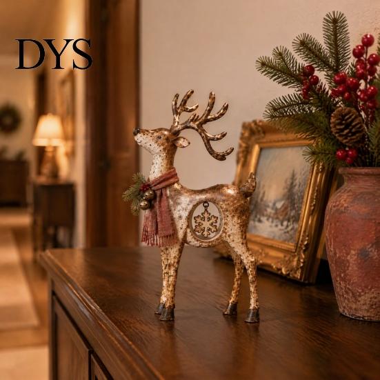 Artistic Resin Reindeer with Scarf Rustic Christmas Figurine, Statue Hanging Snowflake, Red Decorative Figurines for Coffee Tables And Bell,