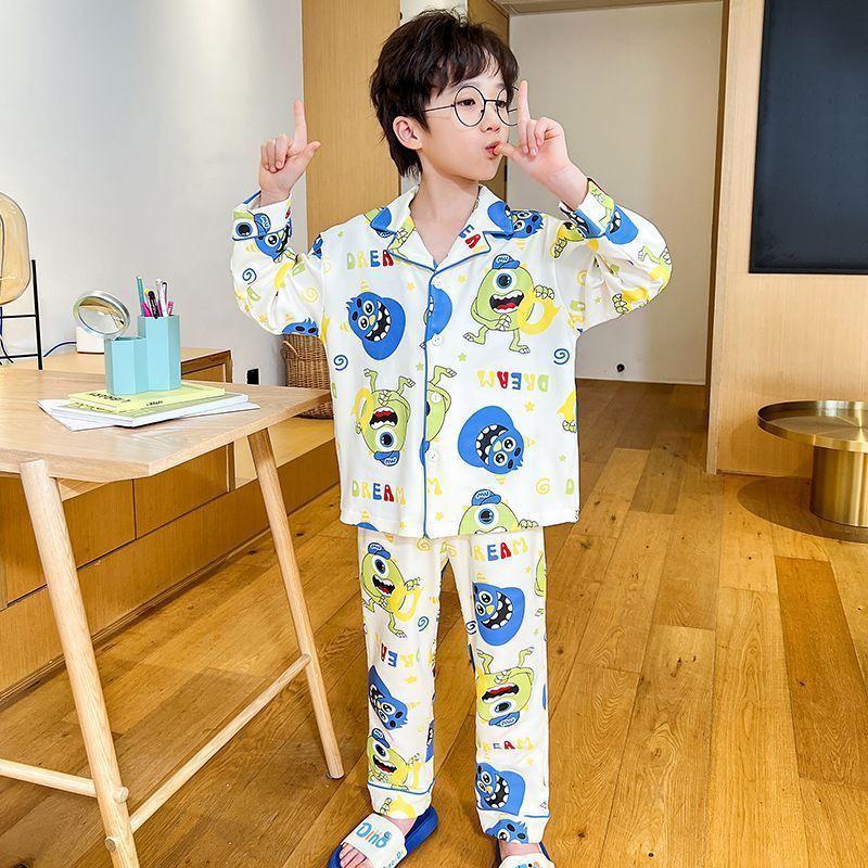 Boys' Spring/Autumn Cardigan Pajama Set - Long Sleeve, Lightweight Home Wear for Older Children