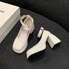 Japanese solid color Mary Jane women's shoes 2024 autumn new super high heel waterproof table buckle thick heel show legs long leather shoes