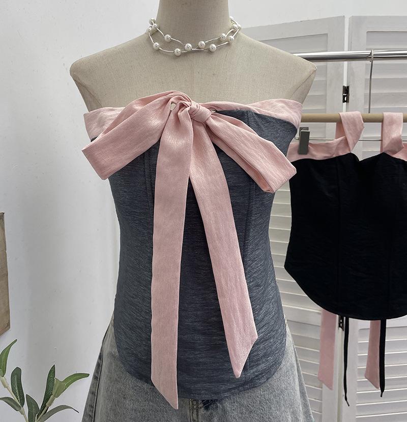

Vietnamese Bow Tie Lace-Up Strapless Color-Block Camisole with Waist-Cinching and Chest Pads One Size сірий колір