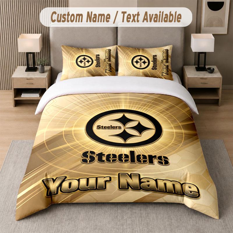 Custom Bedding Set Pittsburgh Steelers Pattern, Print Name Text 1 Duvet Cover Plus 2 Pillowcases Home Textile