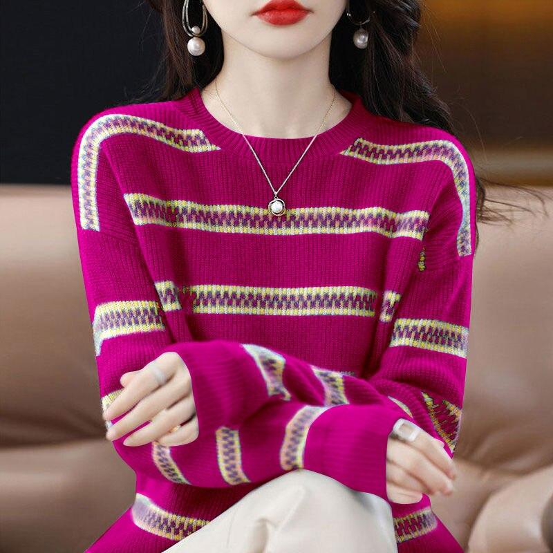 

Пуловер на осень и зиму с круглым вырезом, цветной контрастный трикотаж в полоску, свитер с длинными рукавами, женский универсальный вязаный свитер One Size фуксия