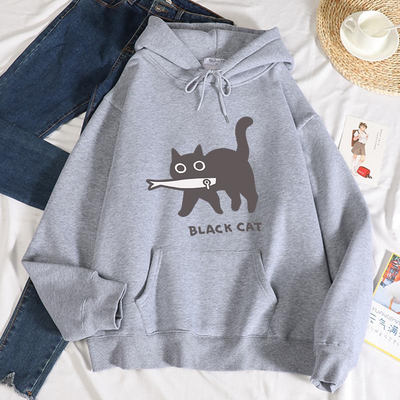 Casual Women's Hoodie Black Cat Eating Fish Printed Sweatshirt Breathable Loose Warm Pullover 2025 Autumn and Winter Streetwear