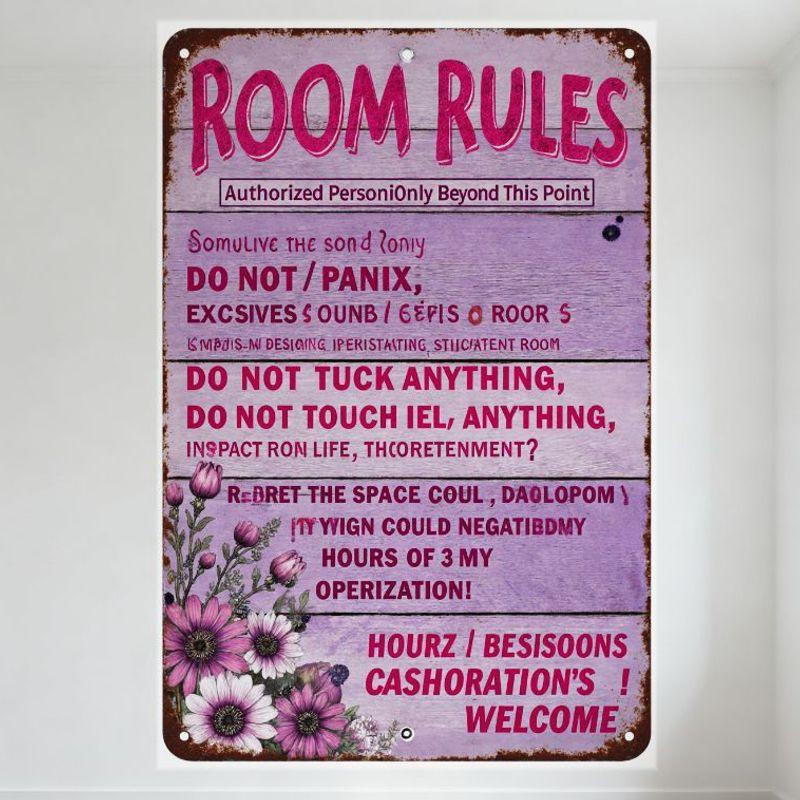 

Vintage Rusty Metal Sign with Pink Floral Design & Room Rules Text, Wall Decor for Home, Bar, Club, Man Cave, Restaurant (Hangin 20x30cm（7.8x11.8inch）