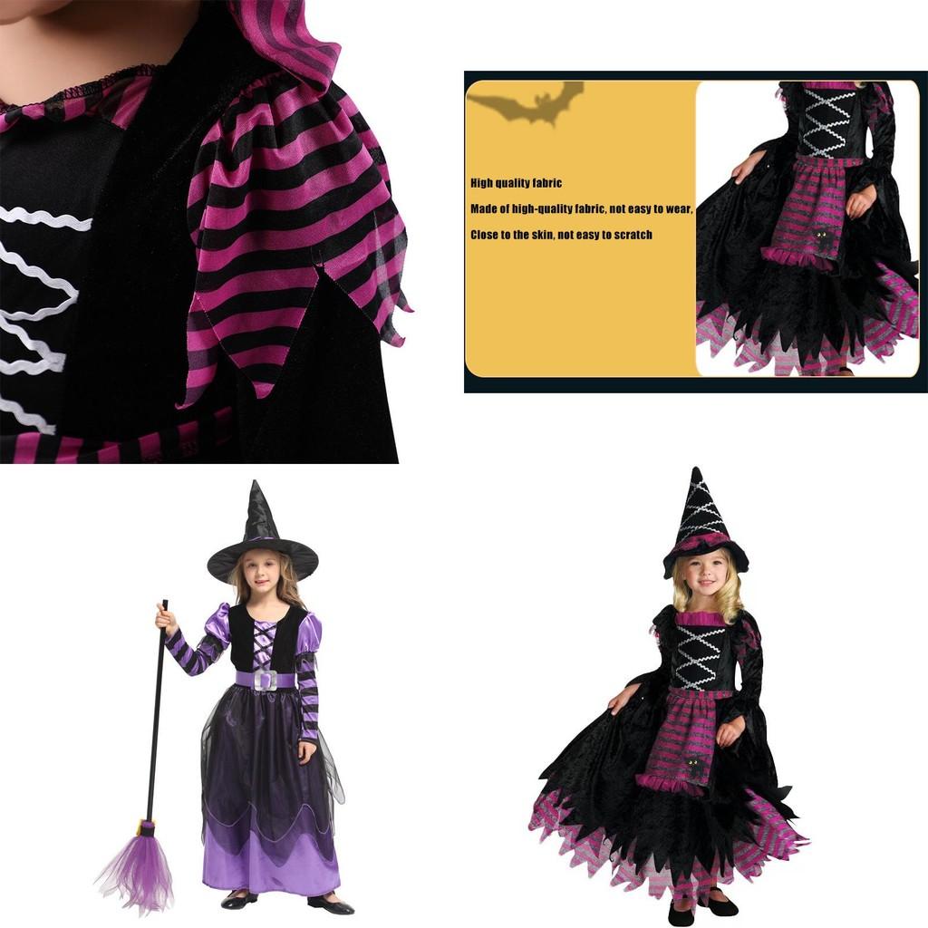 Exquisites Kinder-Halloween-Hexenkostüm mit seidigem Stoff und aufwendigen Details