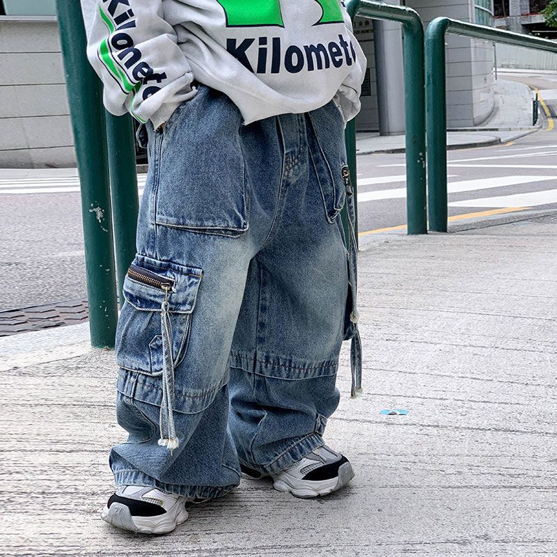 Spring Autumn Baby Children Denim Pants Cargo Jeans Boy Casual Handsome Length Pocket Pants