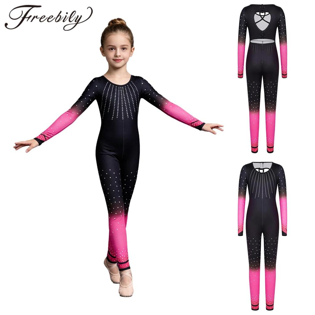 Girls Long Sleeve Cross Cutout Back Yoga Sports Bodysuit Dance Unitard Kids Full Length Dots Print Rhythmic Gymnastics Jumpsuit