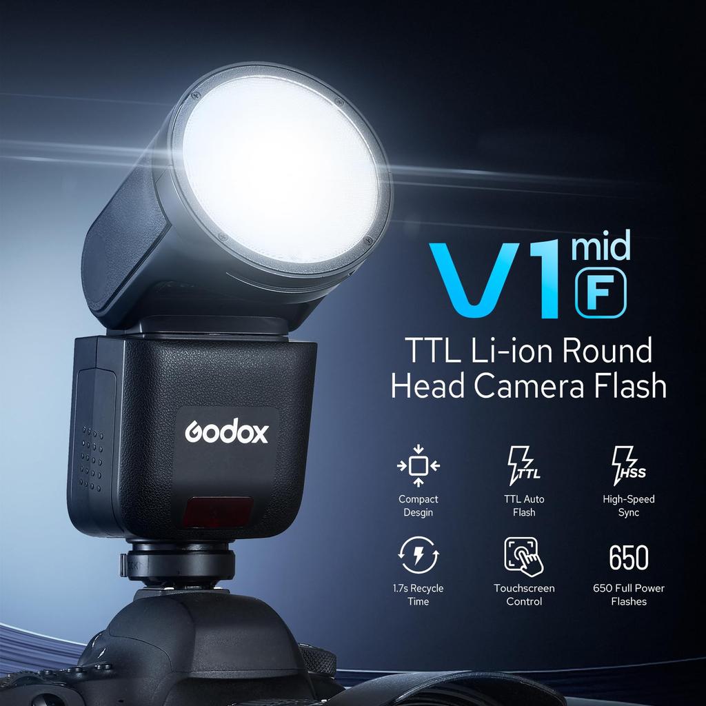 Authorized GODOX V1 Mid F V1mid Camera Round TTL Battery Compatible with Fujifilm Cameras [GODOX Dealer] Flash, Head, Speedlight, 2.4G HSS, 1/8000s,