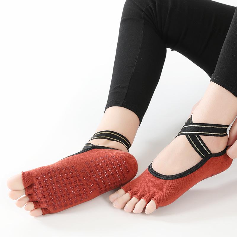 Women's Breathable Cotton Backless Fingerless Non-Slip Yoga Toe Socks with Cross Strap