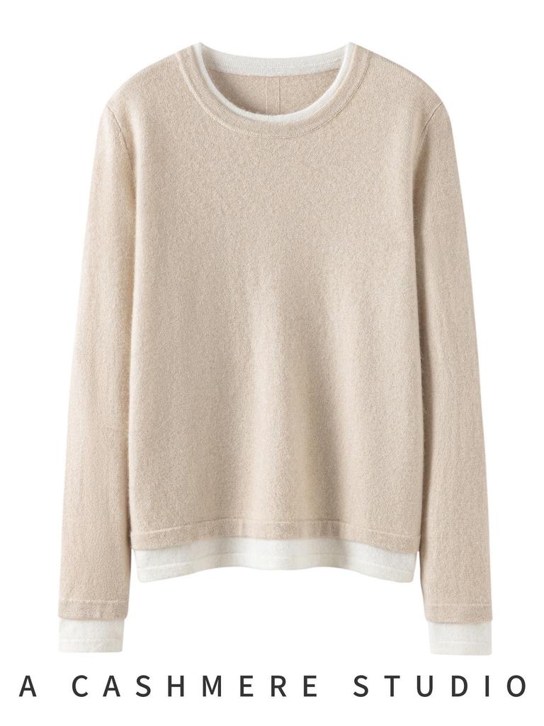 Women's Autumn Winter Patchwork Cashmere Round Neck Loose Pullover Knitwear