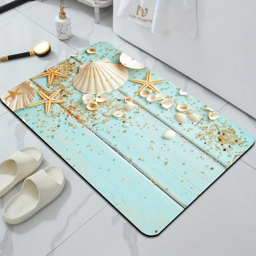Beach Shell Starfish Bath Mat Super Absorbent Non Slip Rug Washroom Floor Carpet Shower Room Indoor Washable Easy Clean Doormat