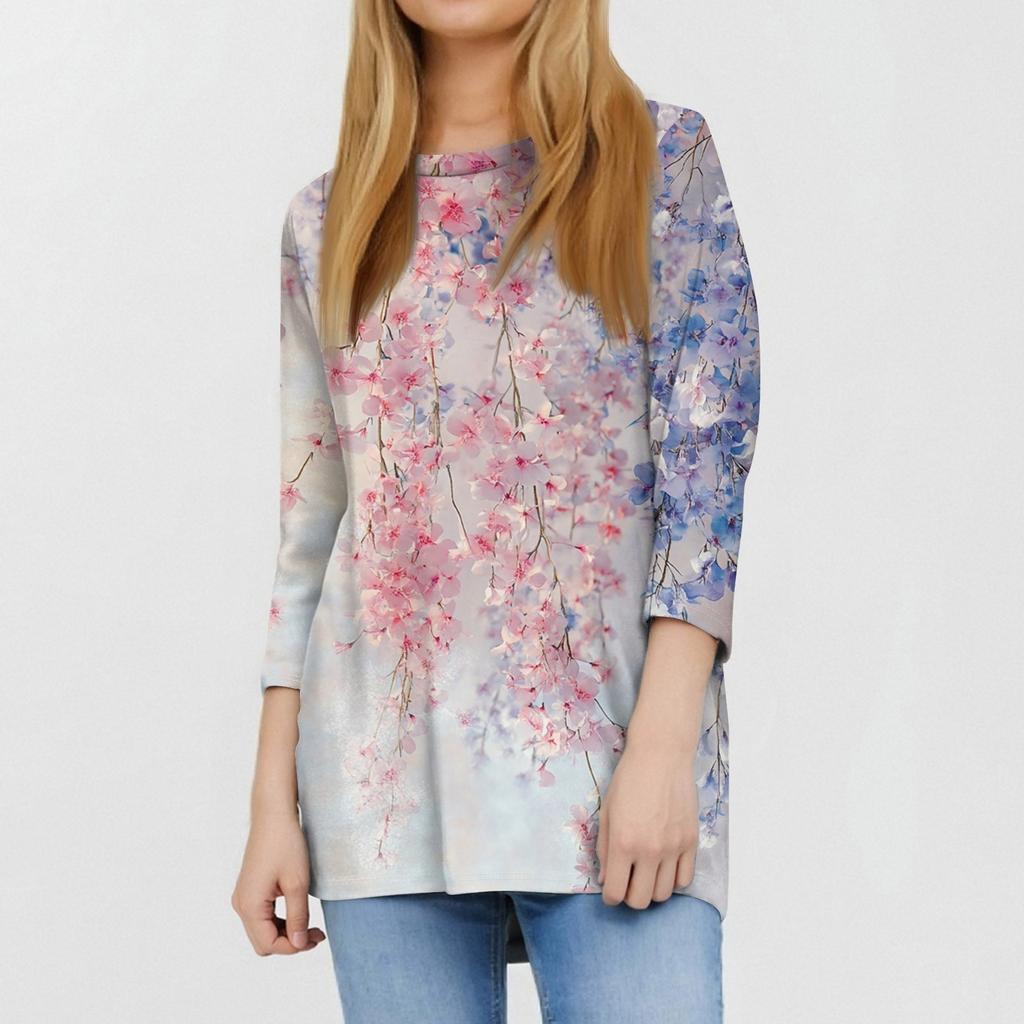Women's Fashion Casual Round Neck 3/4 Sleeve Loose  Printed T-Shirt Ladies Top