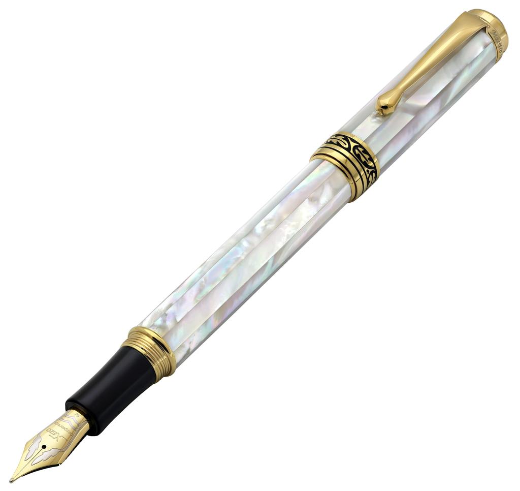 Xezo Maestro Fountain Nib Gift of Writing 18K White Unique Pen, Medium-Fine (0.45mm Line), Series, Gold-Plated Mother-of-Pearl, Handmade, Serialized,