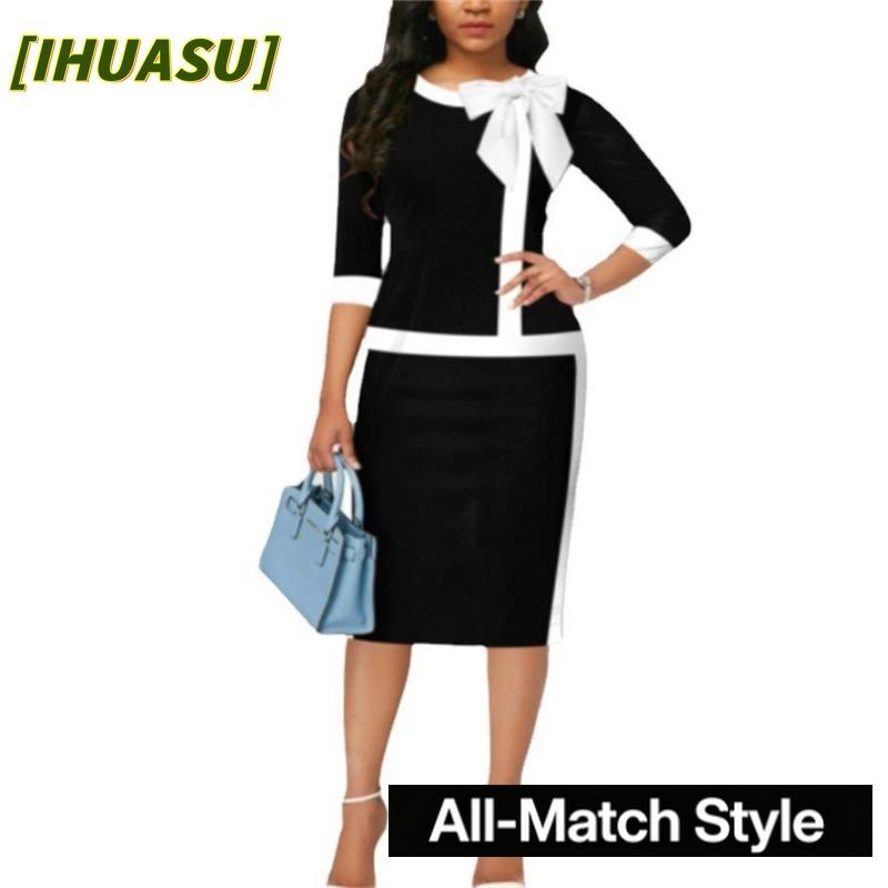 IHUASU Fashion Summer Spring Short Sleeve O-Neck Solid Color Print Casual Dresses