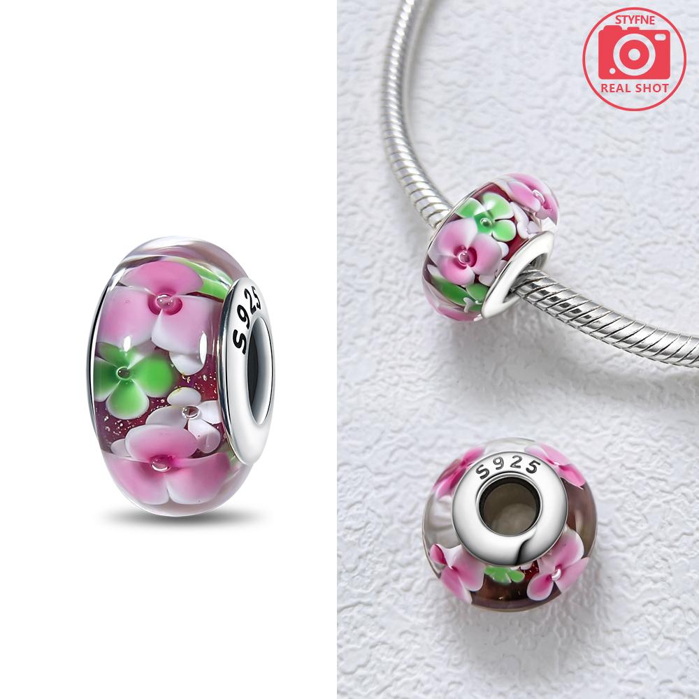 Pink Flowers Murano Original Glass Beads Copper Colors For Charms Copper Colors Original Bracelet For Jewelry Making