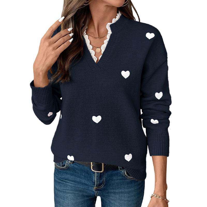 Women's V-Neck Heart Pattern Sweater - New for Autumn/Winter 2026, Casual Patchwork Long Sleeve Knit Top