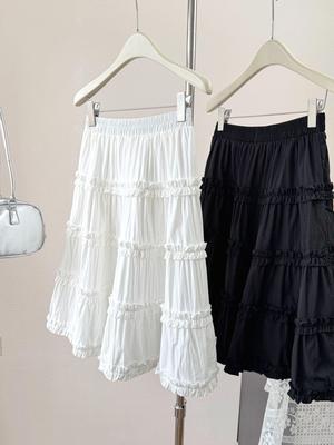 Sweet Ruffled White Puff Cake Skirt for Women - High-Waisted Slim A-Line Midi (2026 Summer)