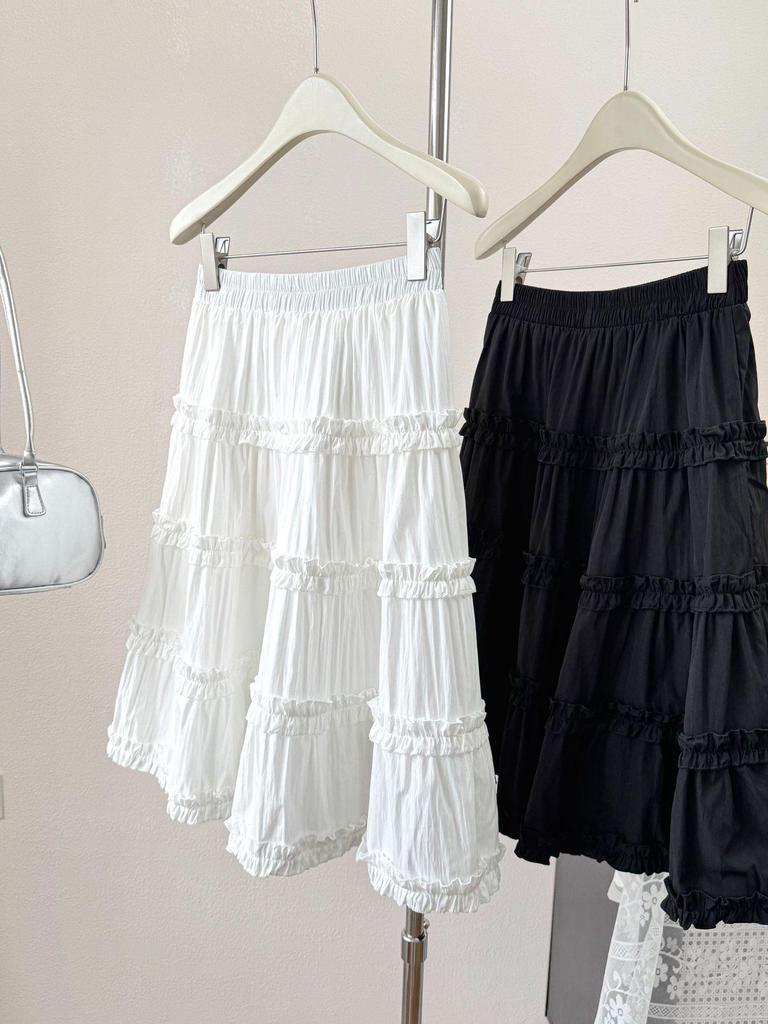 Sweet Ruffled White Puff Cake Skirt for Women - High-Waisted Slim A-Line Midi (2026 Summer)