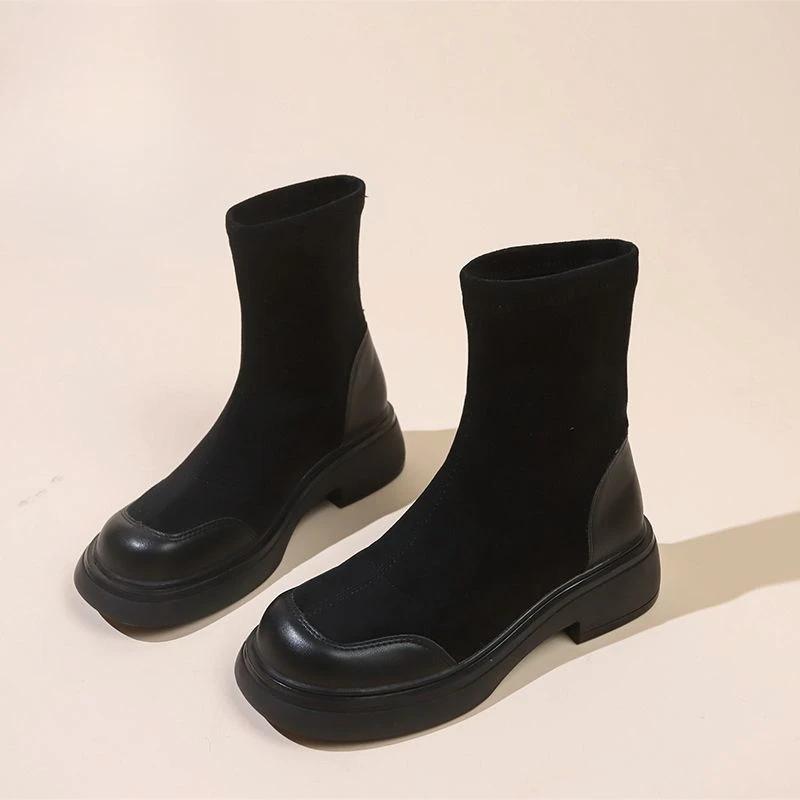 Fashion Booties Round Toe Female Short Shoes Chunky Combat Platform Women's Ankle Boots Punk Style Suede Y2k Sale on Offer Promotion Pu