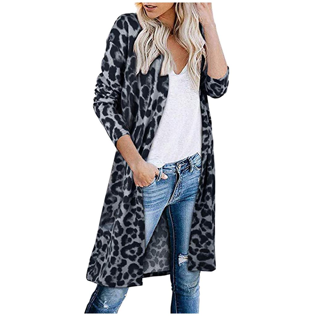 Women's Open Front Leopard Cardigan Pockets Long Sleeve Lightweight Sweater Coat