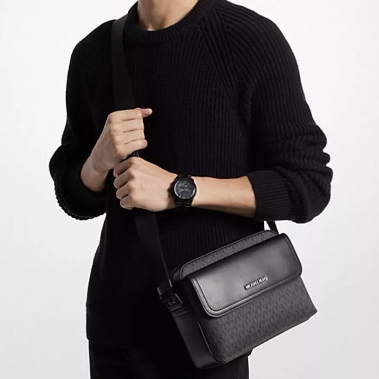 Michael Kors MK Cooper Logo Zip Closure Coated Canvas Camera Bag Men Shoulder Bag Black 37F4LCOM1B-BLACK
