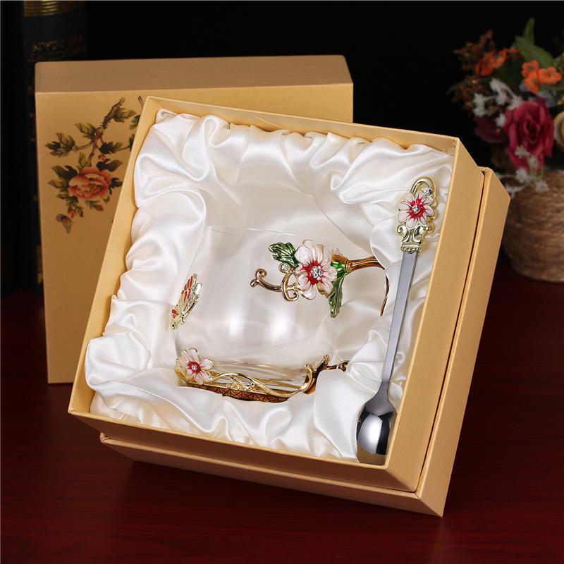 Heat-Resistant Enamel Flower Tea Cup, Creative Painted Crystal Glass Coffee Cup with Handle
