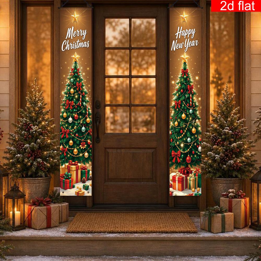 Merry Christmas Porch Sign Tree Box 1 Pair Polyester Indoor Outdoor Decor