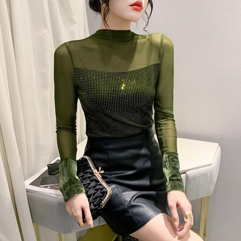 

Европейский осенний бархатный топ с длинным рукавом и сеткой, с высоким воротником для женщин 3XL зелёный