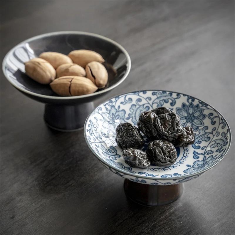 Living Room Household Snacks Tribute Plate Bowl Light Luxury Tea Table Blue and White Ceramic High Foot Tea Tray Fruit Plate