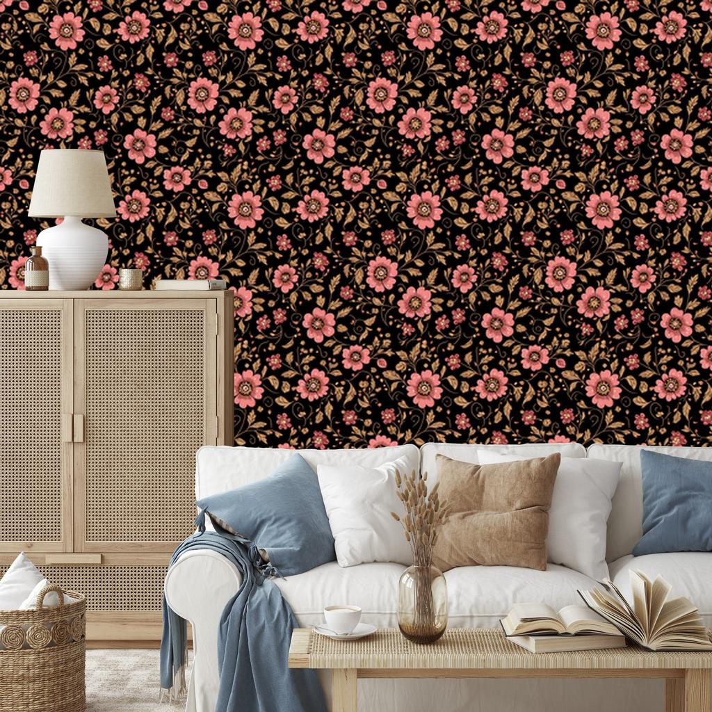 Wallpaper Beautiful Flowers Rust, Black, Red and Ochre 50x1000