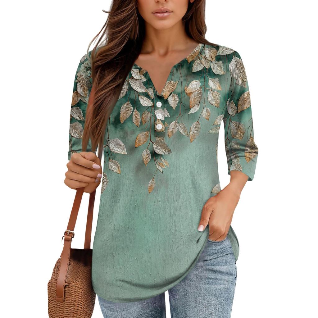 3/4 Length Sleeve Women's Tops Print Vintage Fashion Casual Loose With V Neck Plus Size Shirts Tops