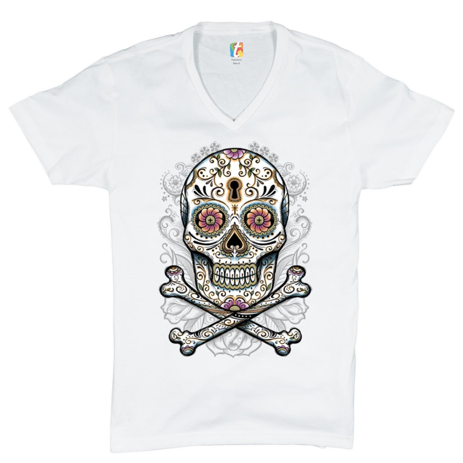 Calavera Sugar Skull V-Neck T-shirt Mexican Day of the Dead Dia de Muertos Tee S