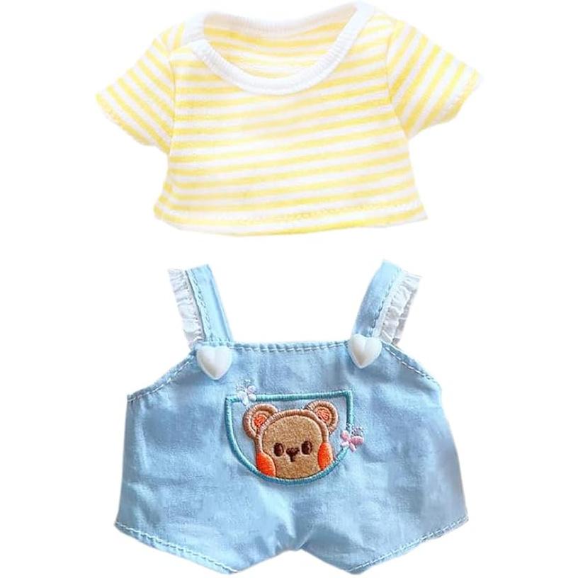 Niannyyhouse 20cm Plushie Doll Clothes Bear Overalls Striped T-Shirt Kpop Doll Clothing (Yellow)