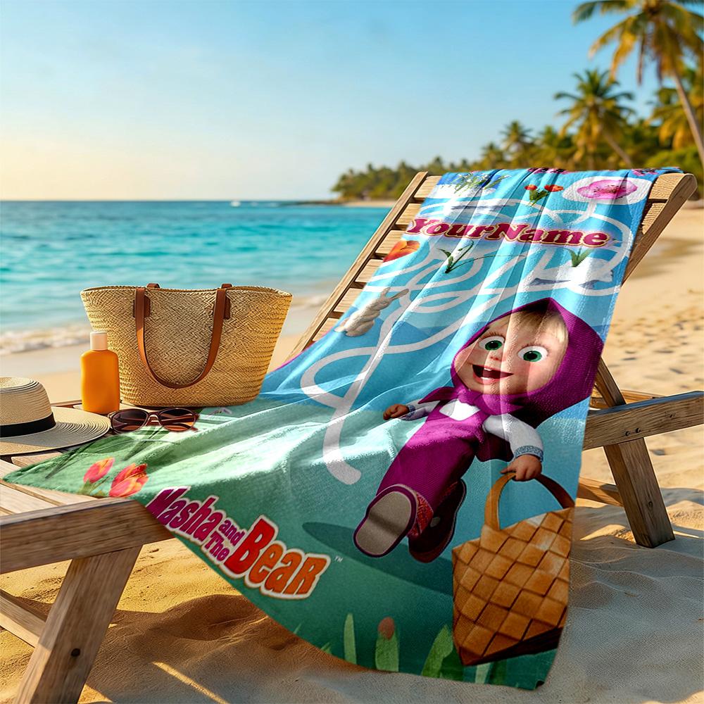 Masha Bear Customize Text Beach Towel Soft Durable Quick-Dry Ideal for Travel Outdoor Swim Pool Yoga Surf Camping Hiking Gym Gift Holiday