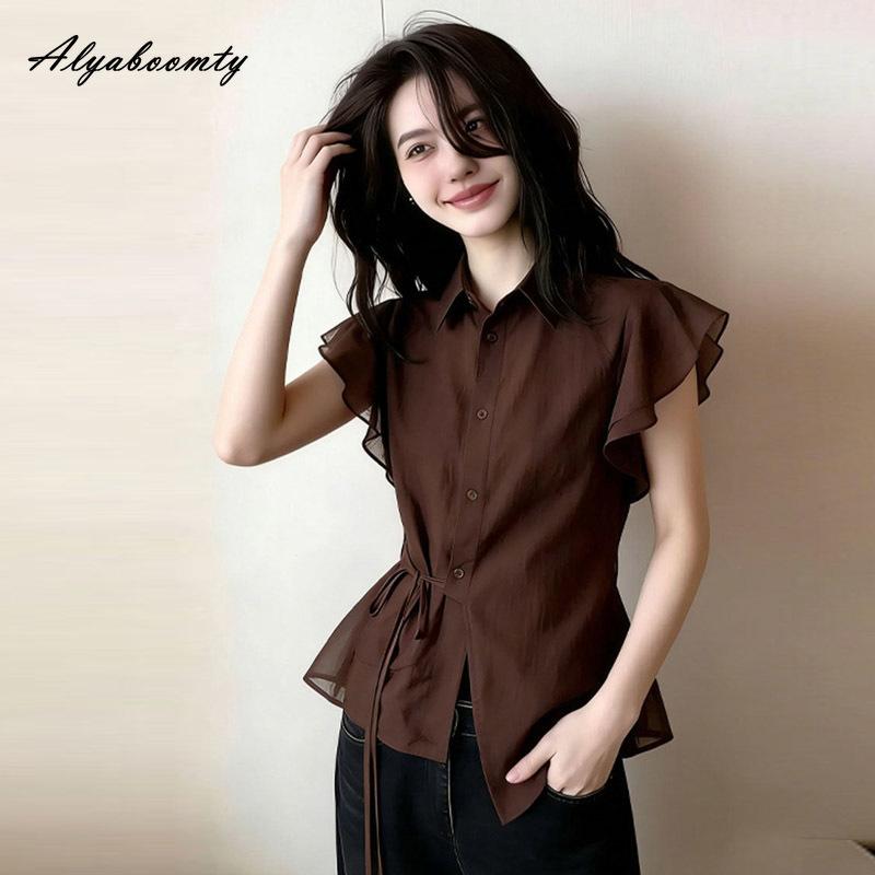 Korean Fashion Summer Women Brown Blouse Turn-Down Collar Lace Up Stylish Office Lady Shirt Butterfly Sleeve Ruffles Feminine Blouse