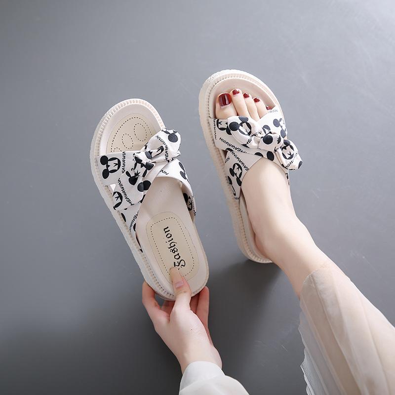 thick-soled bow-tie cool slippers female summer new fairy wind wear versatile soft-soled cross beach sandals