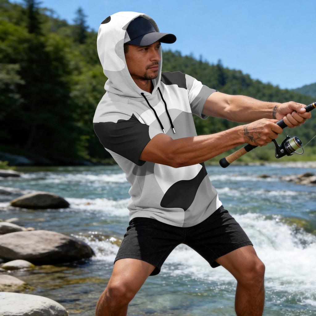 Sudadera con Capucha para Hombre Estampado de Camuflaje Manga Raglán Casual Pesca Deportiva Protección Solar Manga Corta Ligera Transpirable Camisa para Exteriores