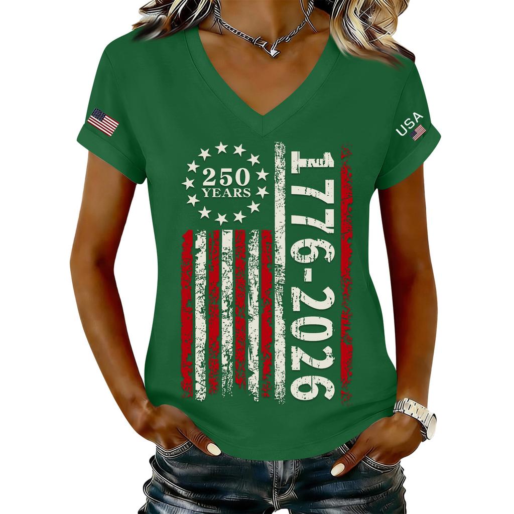 Women's Fashionable V-Neck Casual Retro Print Short Sleeved T-shirt Top