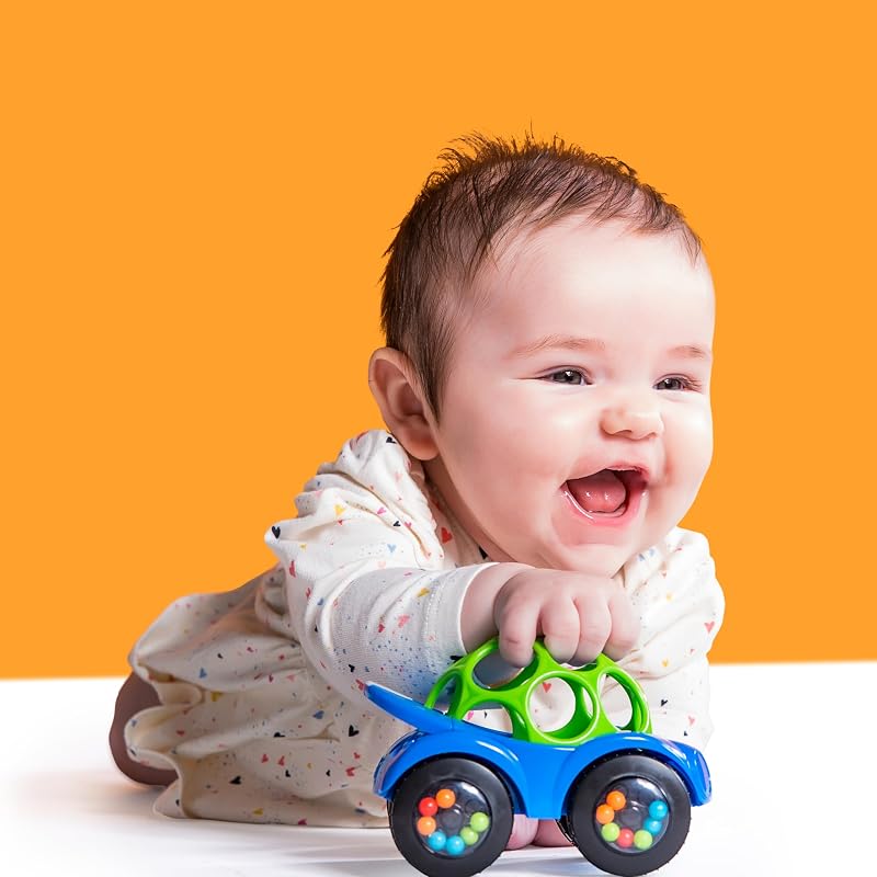 Bright Starts Oball Rattle & Roll [6 months+] Sports Car Stroller Toy, Teether, Rattle, Baby Shower Gift, Blue 81559