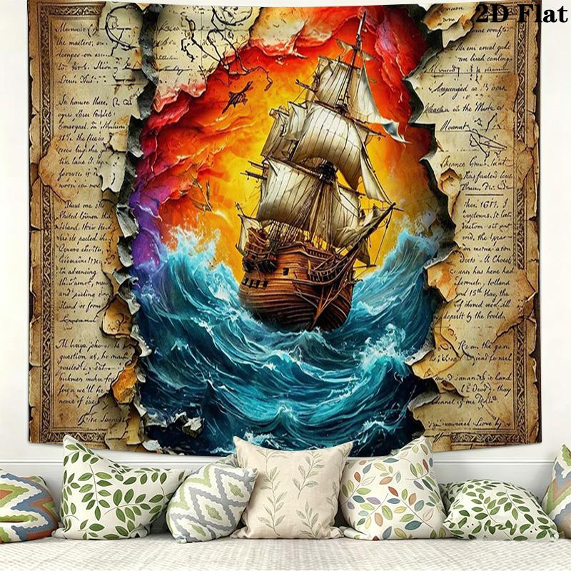 Pirate Ship Art Wall Tapestry Aesthetic Wall Hanging Printed Fabric Blanket Decorative Tapestries for Bedroom Living Room Home Decor