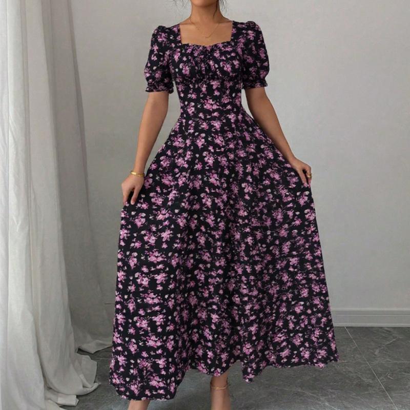 Ruffle Edge Dress Women Puff Sleeves Printed Slim Fit Spring Summer Size S-XXL