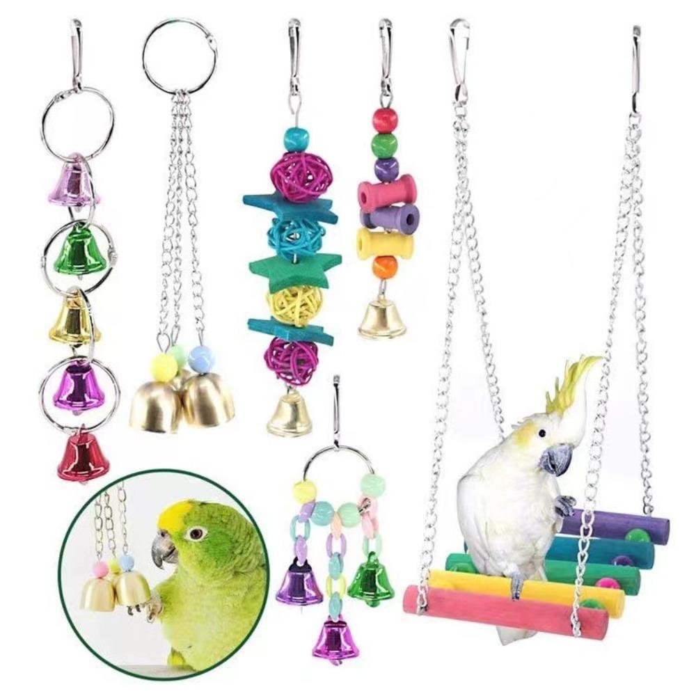 A Set High Quality Colorful Cockatiel Toys Durable Interactive Bird Cage Accessories Wooden Bird Toy Set Training