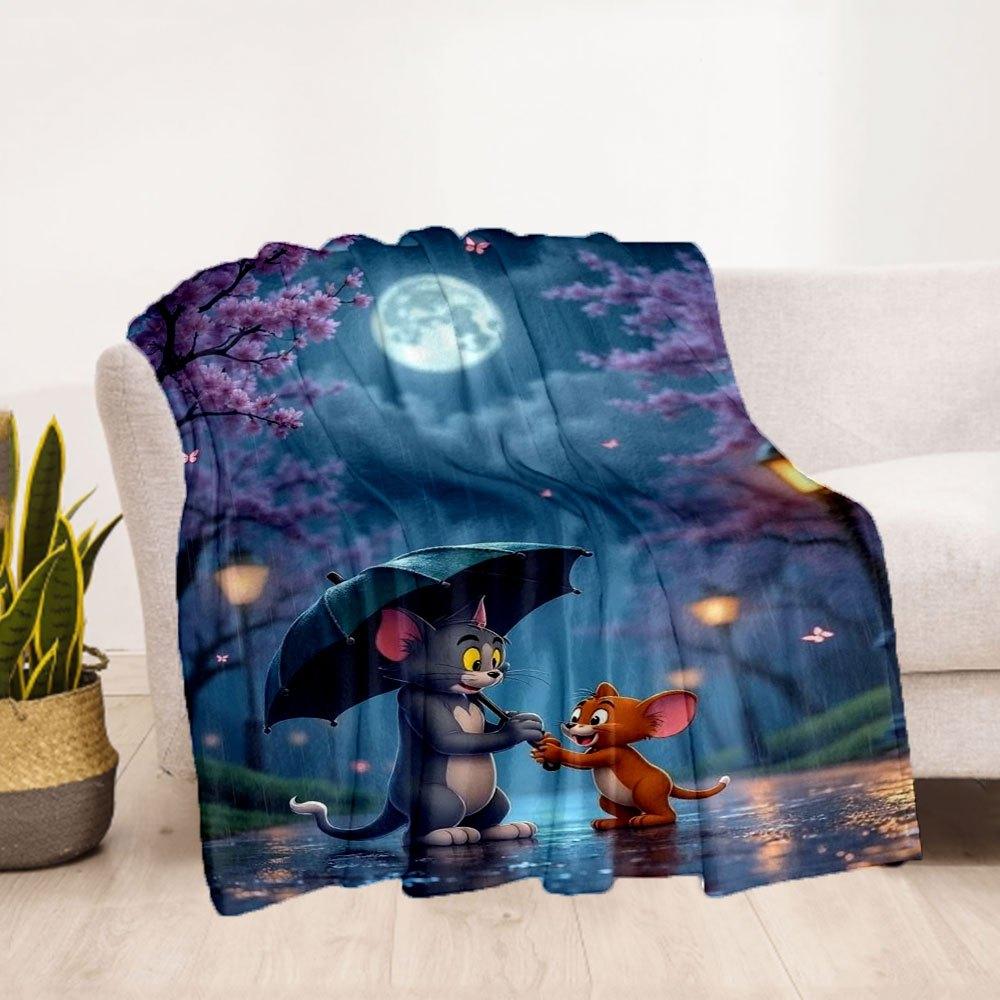 "Tom & Jerry Rainy Night Adventure Wall Art Print"Blanket Flannel Throw Blanket for Sofa, Bed, Travel, Camping, Office