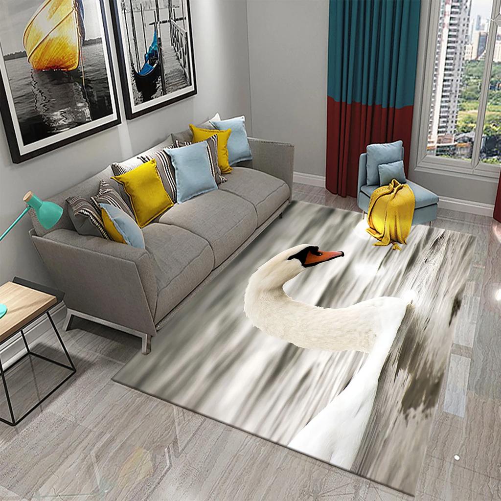 3D Cute White Swan Carpet Romantic Area Rug for Kids Bedroom Living Room Bathroom Non-Slip Soft Carpet Animal Doormat Home Decor