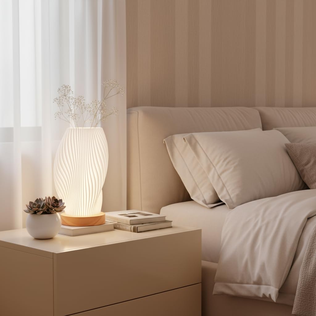 Tafunker Modern Table Lamp with Wooden Base, Decorative Mesh Pattern, Warm White Light for Bedside (Wave Pattern, Large)