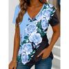 T-shirt da donna a blocchi di colore con stampa floreale, manica corta con scollo a V vintage, blu rosa viola verde, primavera estate